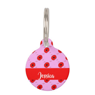 Red poppy on pink pet tag