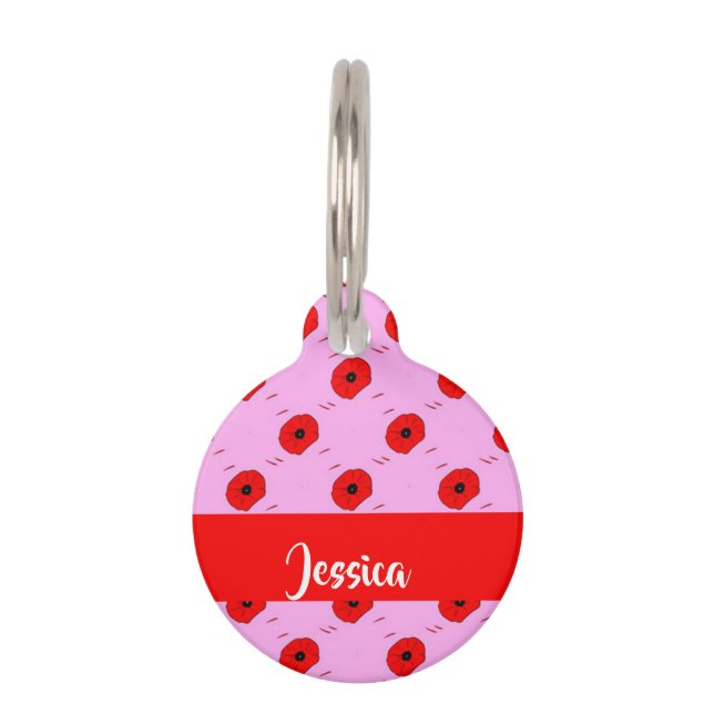 Red poppy on pink pet tag (Front)