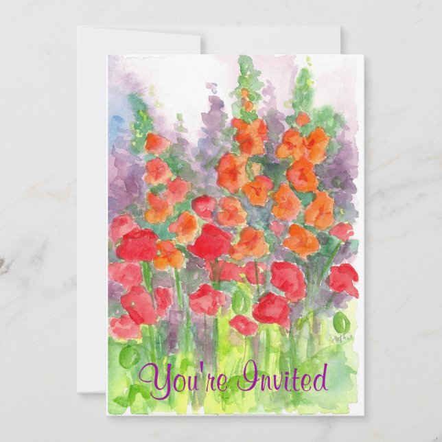 Red Poppy Orange Gladiola Watercolor Flowers Party Invitation (Front)