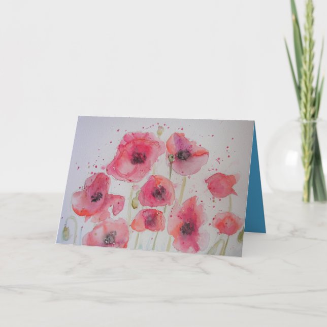 Red Poppy Party Watercolor Painting Card (Front)