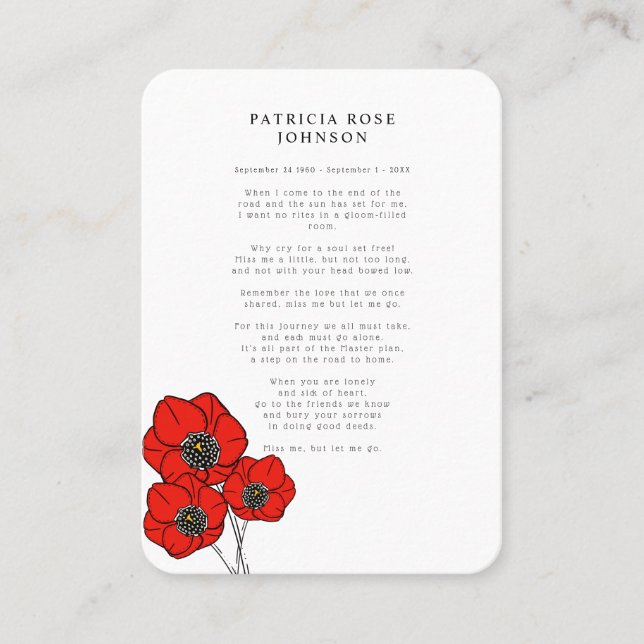Red Poppy Photo Sympathy Funeral Memorial Card (Front)