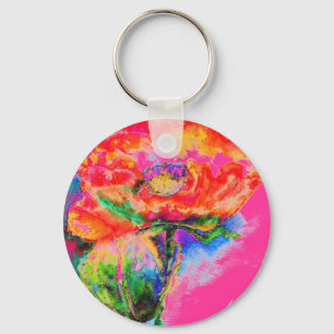 Red Poppy - pink background Key Ring