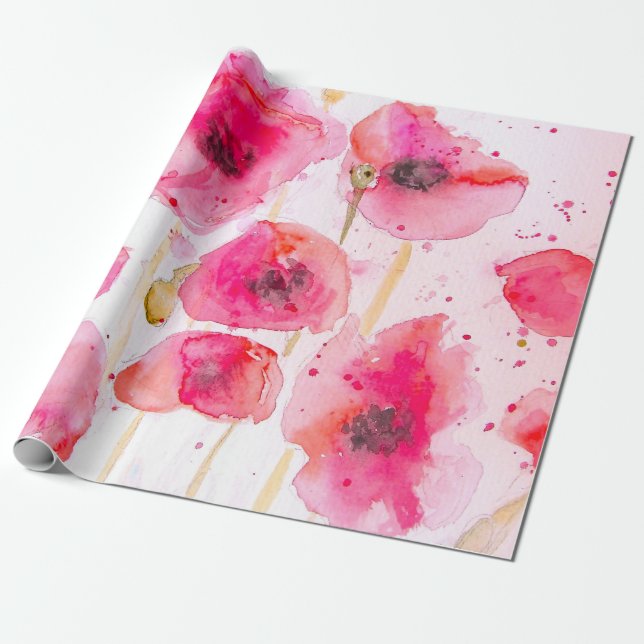 Red Poppy Poppies Flower Floral Watercolor Wrapping Paper (Unrolled)