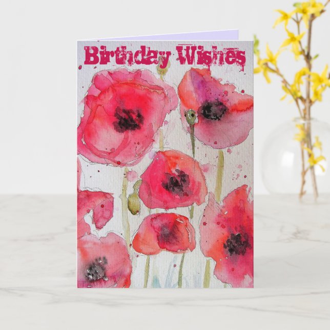 Red Poppy Poppies Flower Watercolor Art Card (Yellow Flower)