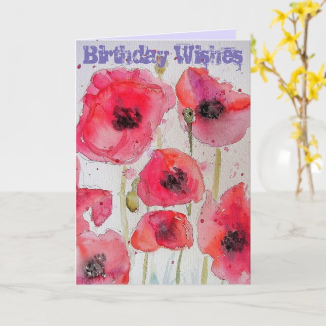Red Poppy Poppies Flower Watercolour Art Card (Yellow Flower)