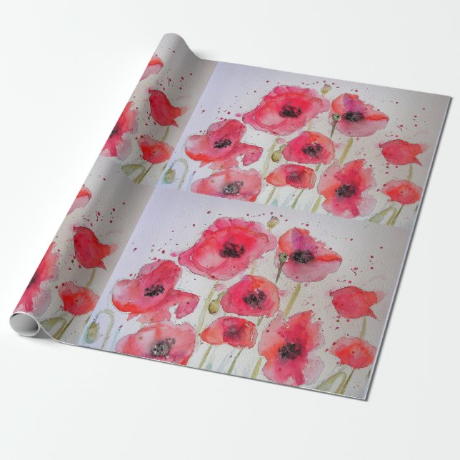 Red Poppy Poppies Party Watercolor Wrapping Paper (Unrolled)