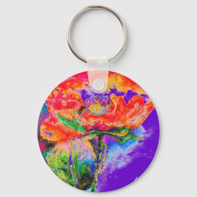 Red Poppy  - purple background Key Ring (Front)