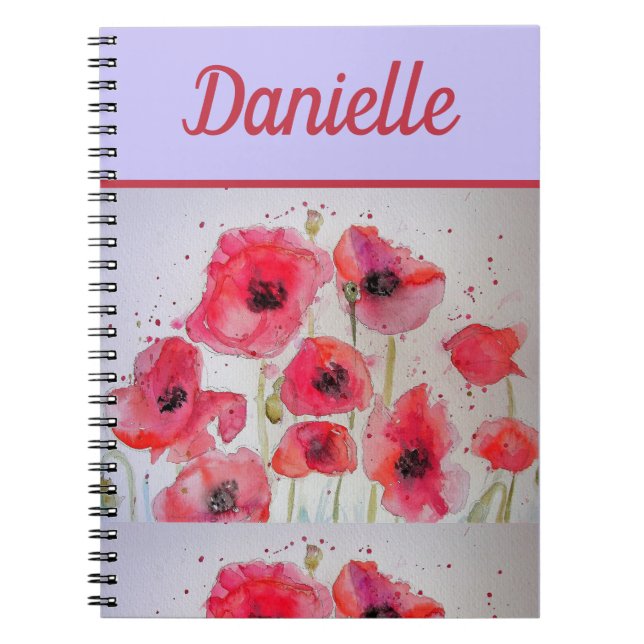 Red Poppy Red Flower Watercolour Art womans Name Notebook (Front)