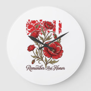 Red Poppy Remember And Honour Vintage Memorial Shi Large Clock