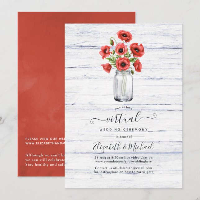 Red Poppy Rustic Country Online Virtual Wedding Invitation (Front/Back)