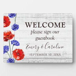 Red Poppy & Rustic Wood Welcome Wedding Guestbook Plaque