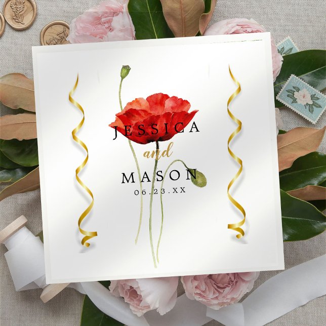 Red Poppy Script Wedding Cocktail Napkins (Creator Uploaded)
