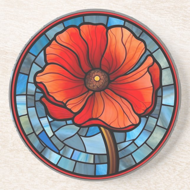 Red Poppy Stained Glass Coaster (Front)