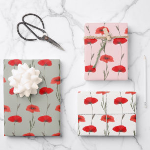 Red Poppy Stripes with Pastel Green & Pink Wrapping Paper Sheet