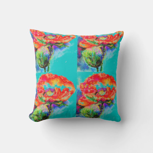 Red Poppy - teal Cushion (Front)