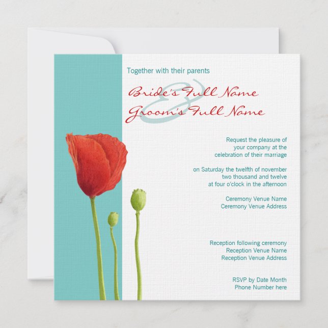 Red Poppy teal Wedding Invitation (Front)
