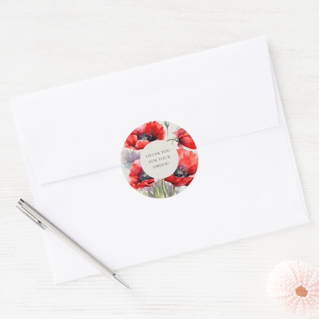 Red Poppy Thank You For Your Order Classic Round Sticker (Envelope)