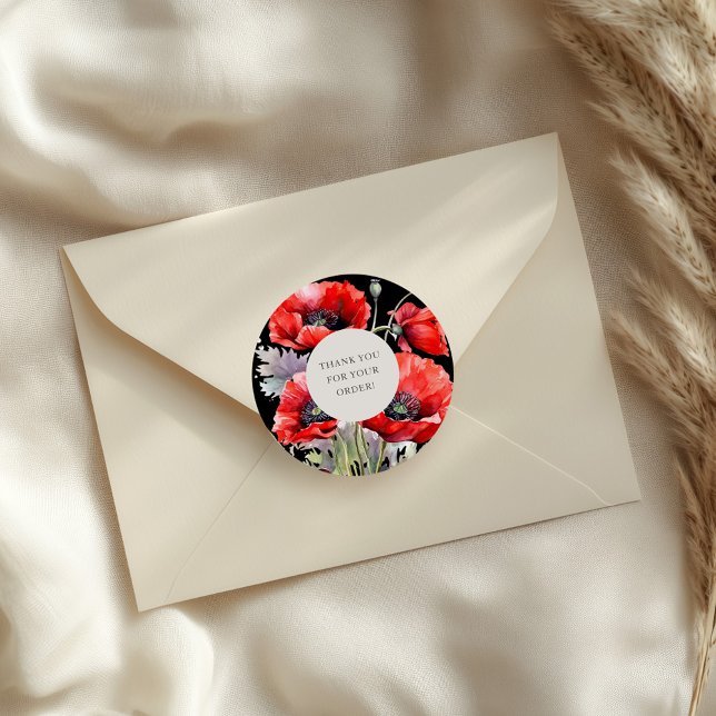Red Poppy Thank You For Your Order Classic Round Sticker (Creator Uploaded)
