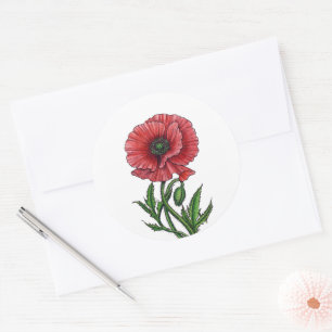Red poppy, watercolor and ink classic round sticker