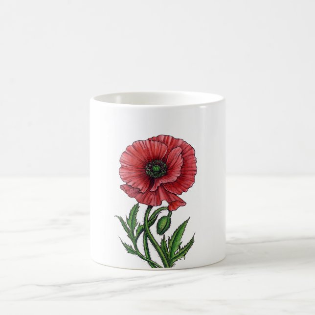 Red poppy, watercolor and ink coffee mug (Center)