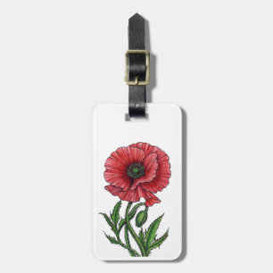 Red poppy, watercolor and ink luggage tag