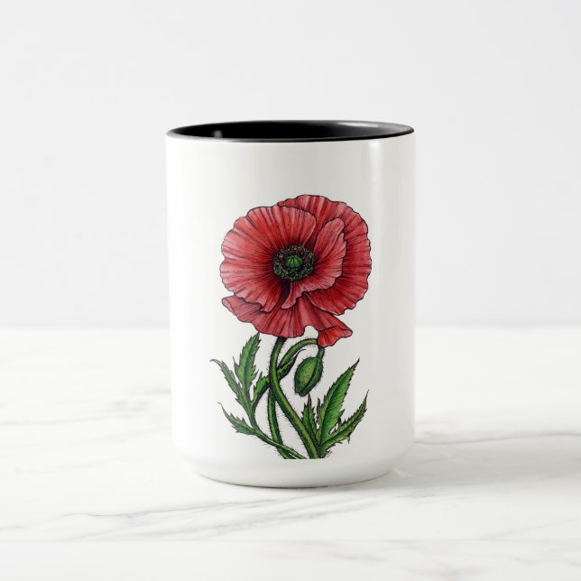 Red poppy, watercolor and ink mug (Center)