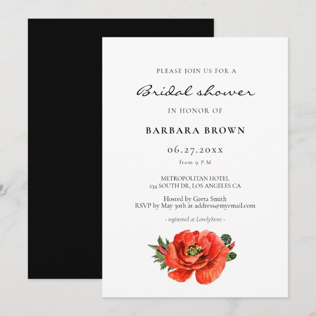 Red poppy watercolor bridal shower invitation (Front/Back)