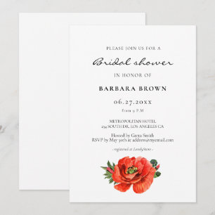Red poppy watercolor bridal shower invitation