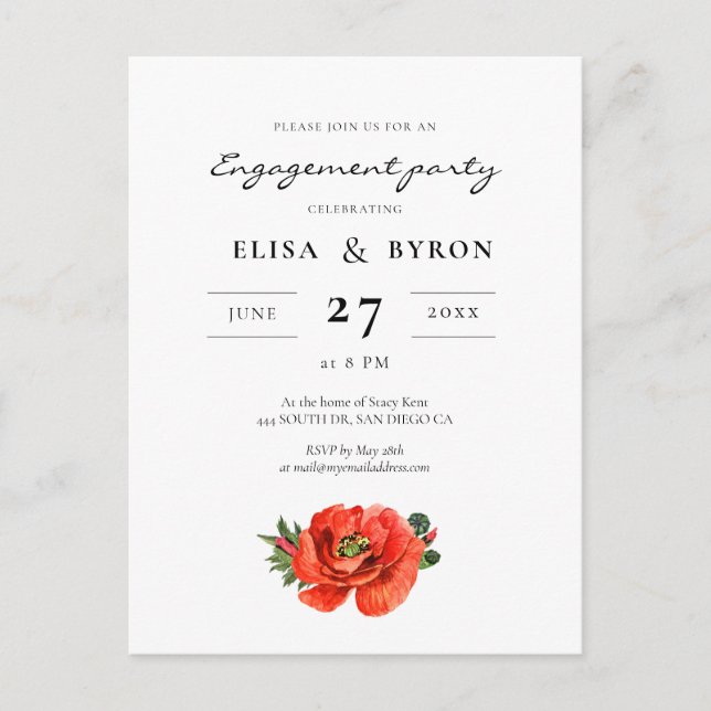 Red poppy watercolor engagement party invitation postcard (Front)