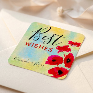 Red Poppy Watercolor Floral Best Wishes Square Sticker