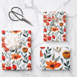 Red Poppy Watercolor Floral Wrapping Paper Sheet