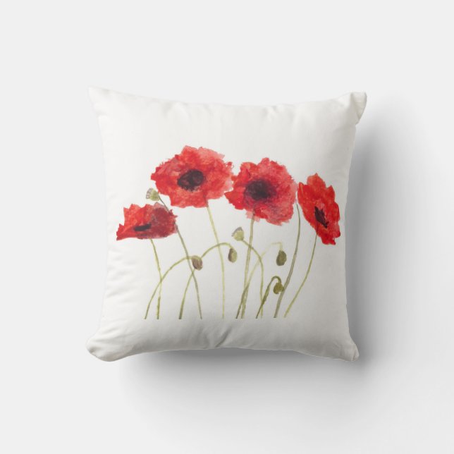 Red Poppy Watercolor Flower Botanical Art Cushion (Front)