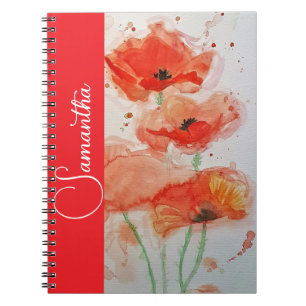 Red Poppy Watercolor Flower Girls Name Floral Notebook