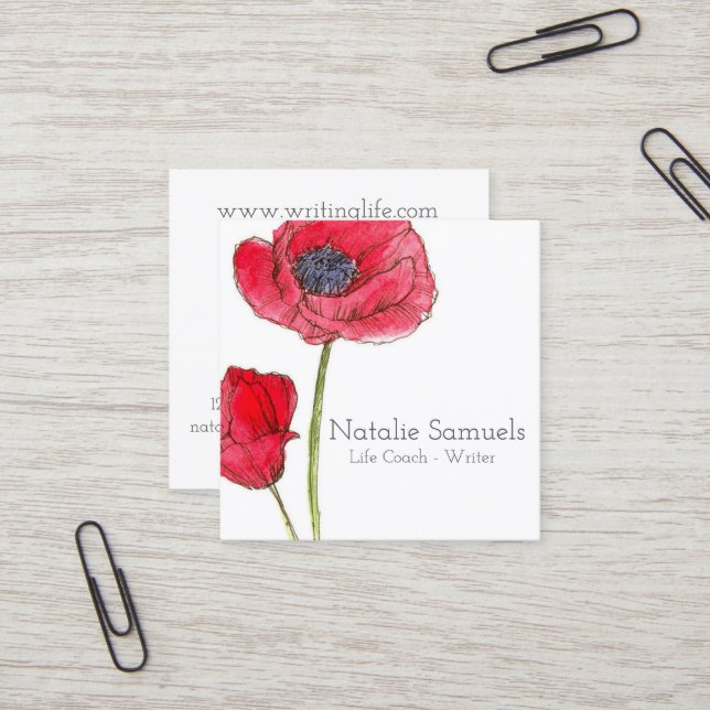 Red Poppy Watercolor Flower Square Business Card (Front/Back In Situ)