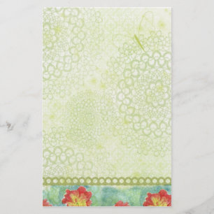 Red Poppy Watercolor Flowers Chatreuse Green Stationery