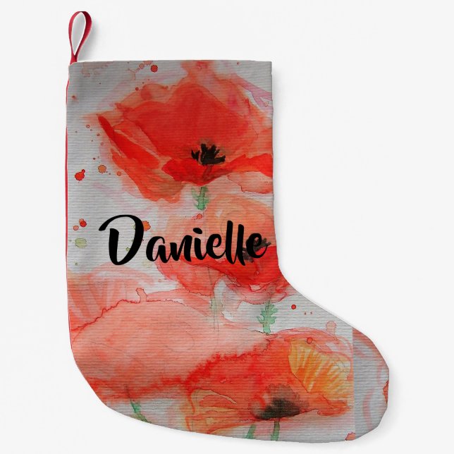 Red Poppy Watercolor Flowers Floral Name Stocking (Front)