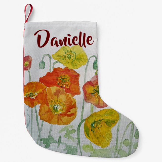 Red Poppy Watercolor Flowers Floral Name Stocking (Front)