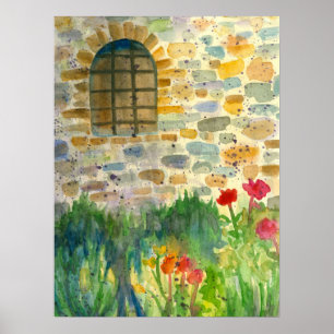 Red Poppy Watercolor Flowers Painted Window Poster