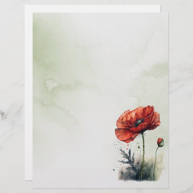 Red Poppy Watercolor Style Stationery Paper        Custom Letterhead (Front/Back)
