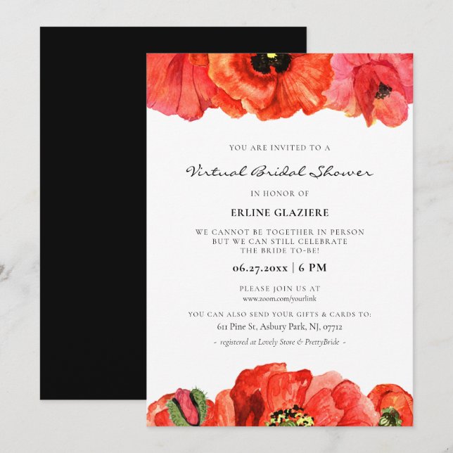 Red poppy watercolor Virtual Bridal shower Invitation (Front/Back)