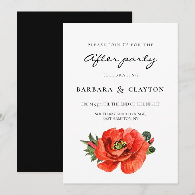 Red poppy watercolor wedding after party invitation (Front/Back)