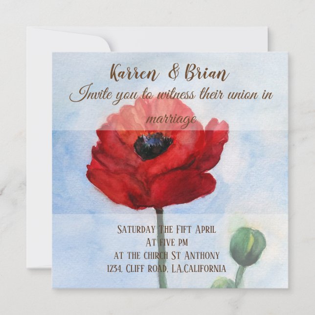 Red Poppy Watercolor Wedding Invitation (Front)