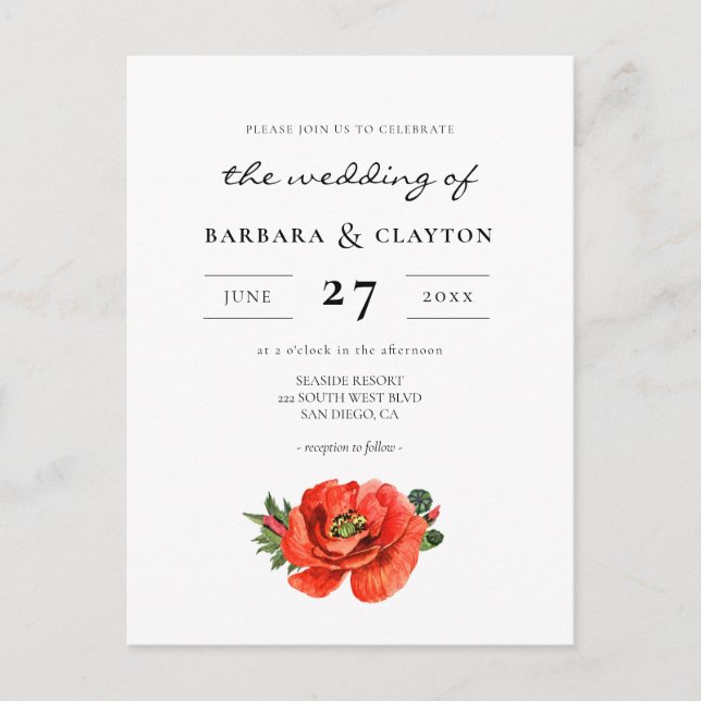 Red poppy watercolor wedding invitation postcard (Front)
