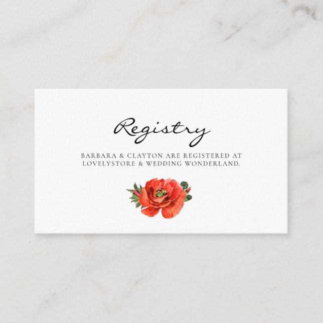 Red poppy watercolor wedding registry card (Front)