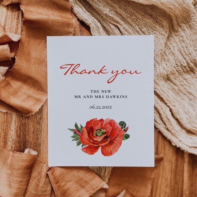 Red poppy watercolor wedding thank you card (Creator Uploaded)