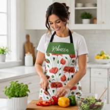 Red Poppy Watercolor Wildflower Custom Name Apron