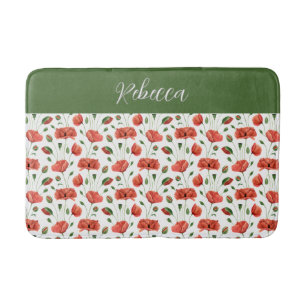 Red Poppy Watercolor Wildflower Monogram Bath Mat