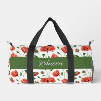 Red Poppy Watercolor Wildflower Monogram Duffle Bag