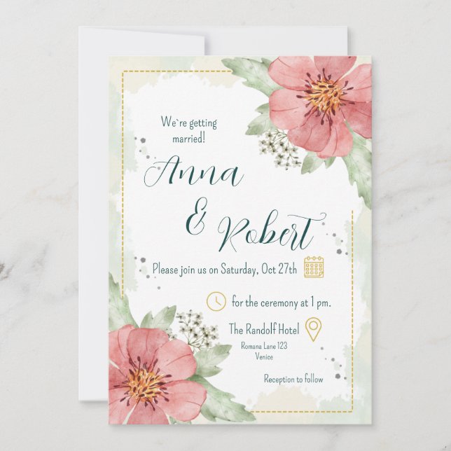 Red Poppy Watercolour Florals Wedding Invitation (Front)