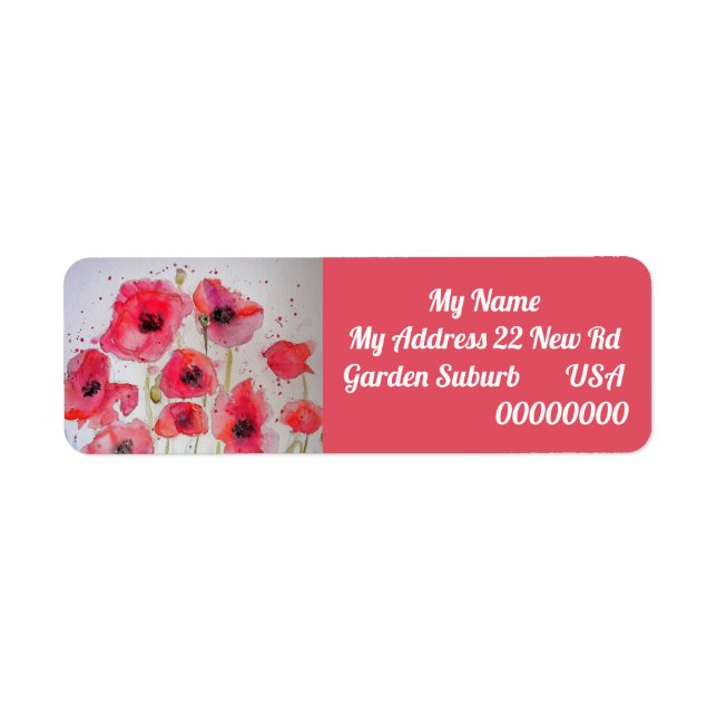 Red Poppy Watercolour Flower Return Address Labels (Front)